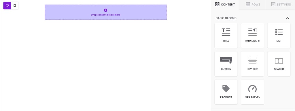 Pestaña Contenido del editor de correo electrónico de arrastrar y soltar que muestra los bloques básicos, incluido el bloque NPS Survey.