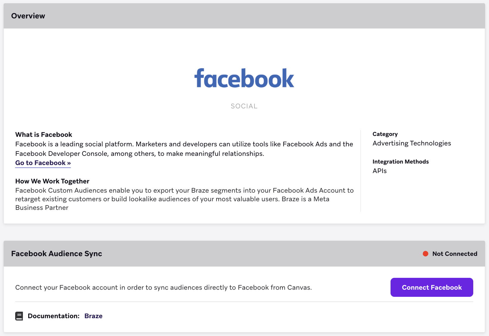 Página de tecnología de Facebook en Braze que incluye una sección de resumen y otra de exportación de la audiencia de Facebook con el botón de Facebook Conectado.