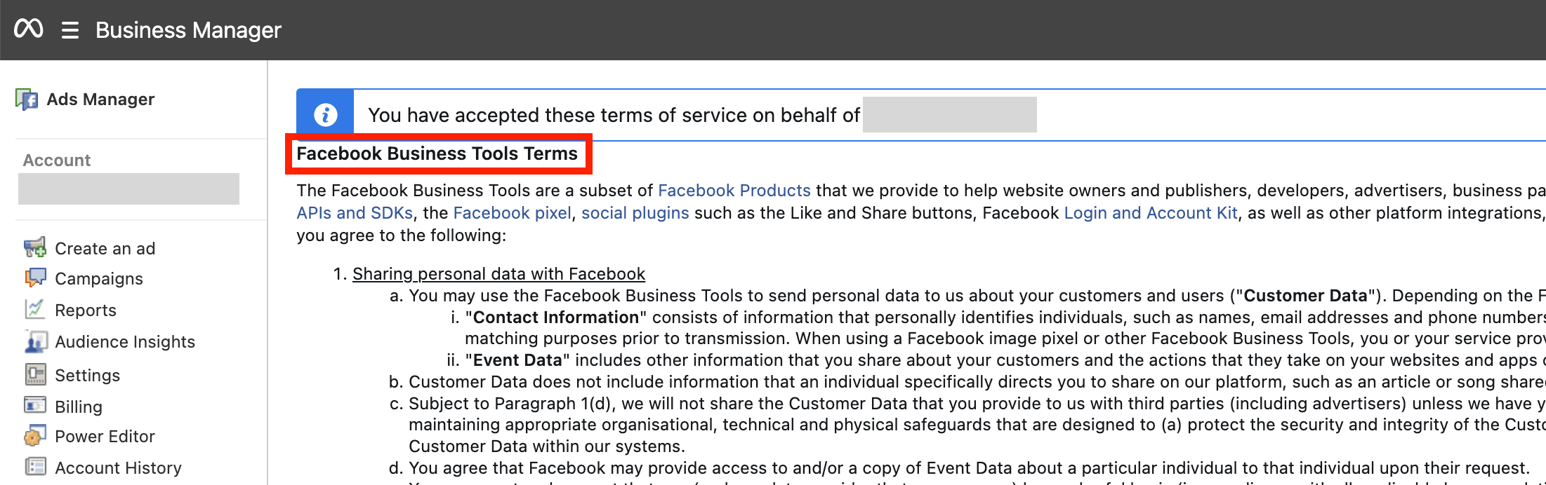 Un ejemplo de las condiciones que debes aceptar para las herramientas de empresa de Facebook.