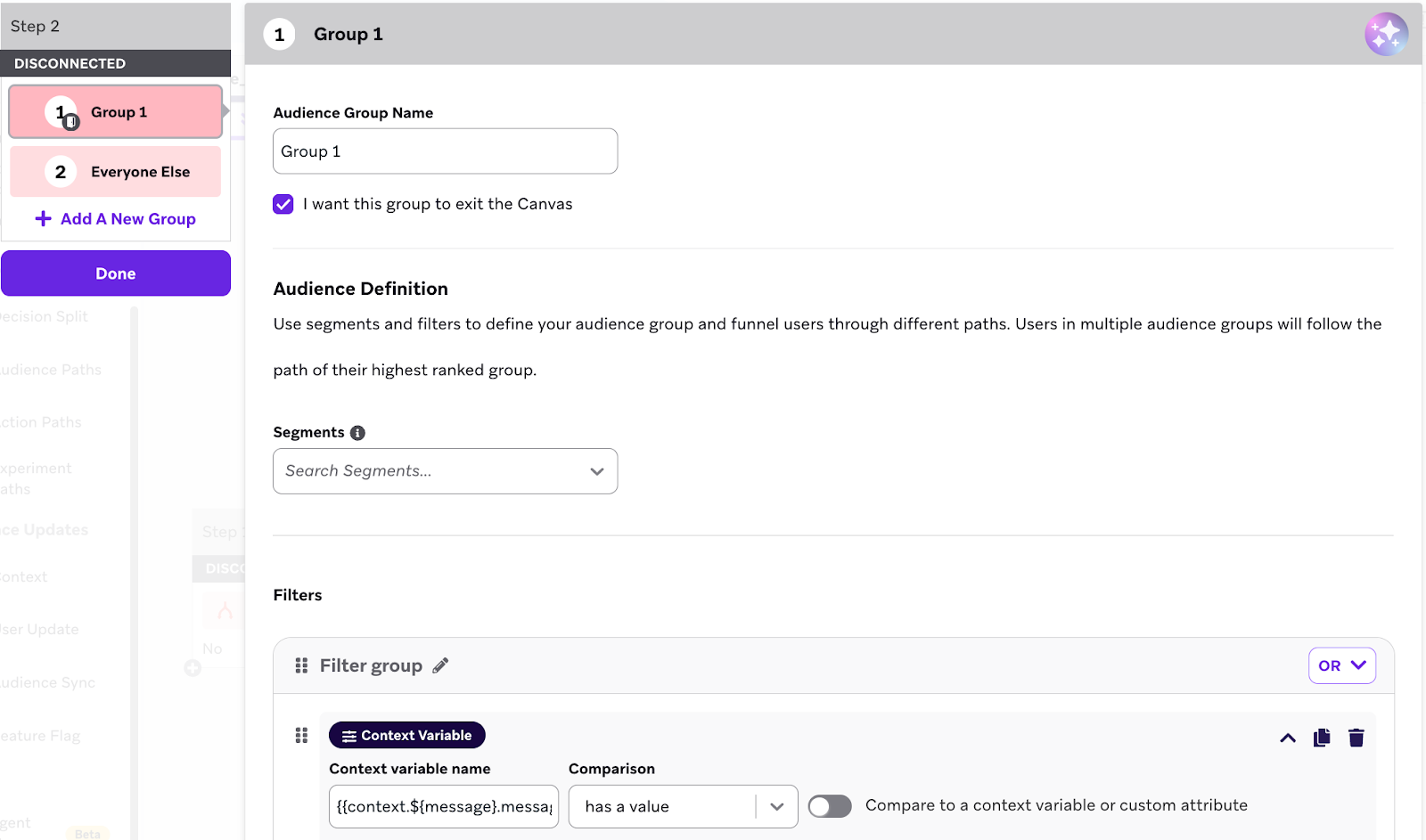 Captura de pantalla del paso en Canvas de Braze que muestra la variable de contexto `summary_result` creada y rellenada con una llamada de contenido conectado a Fullstory, para recuperar un resumen de sesión