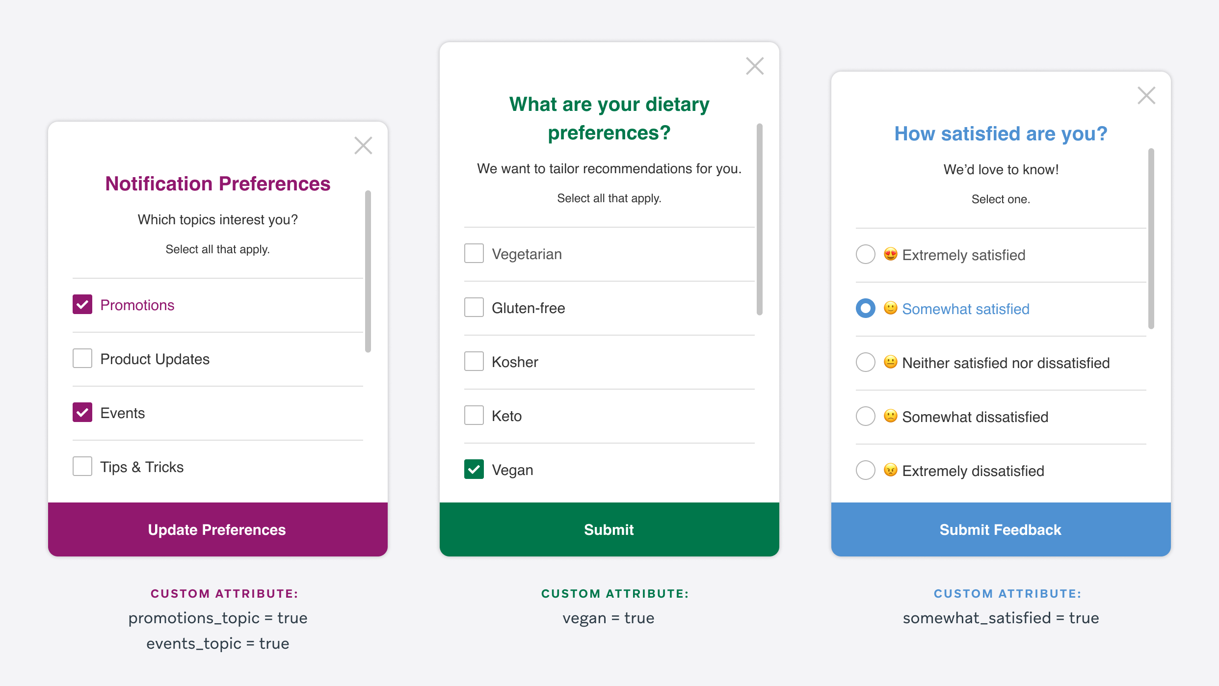Tres sencillos mensajes de encuesta: preferencias de notificación, preferencias dietéticas y una encuesta de satisfacción del cliente. Las opciones seleccionadas en las encuestas corresponden a atributos personalizados que se registrarán para ese usuario.