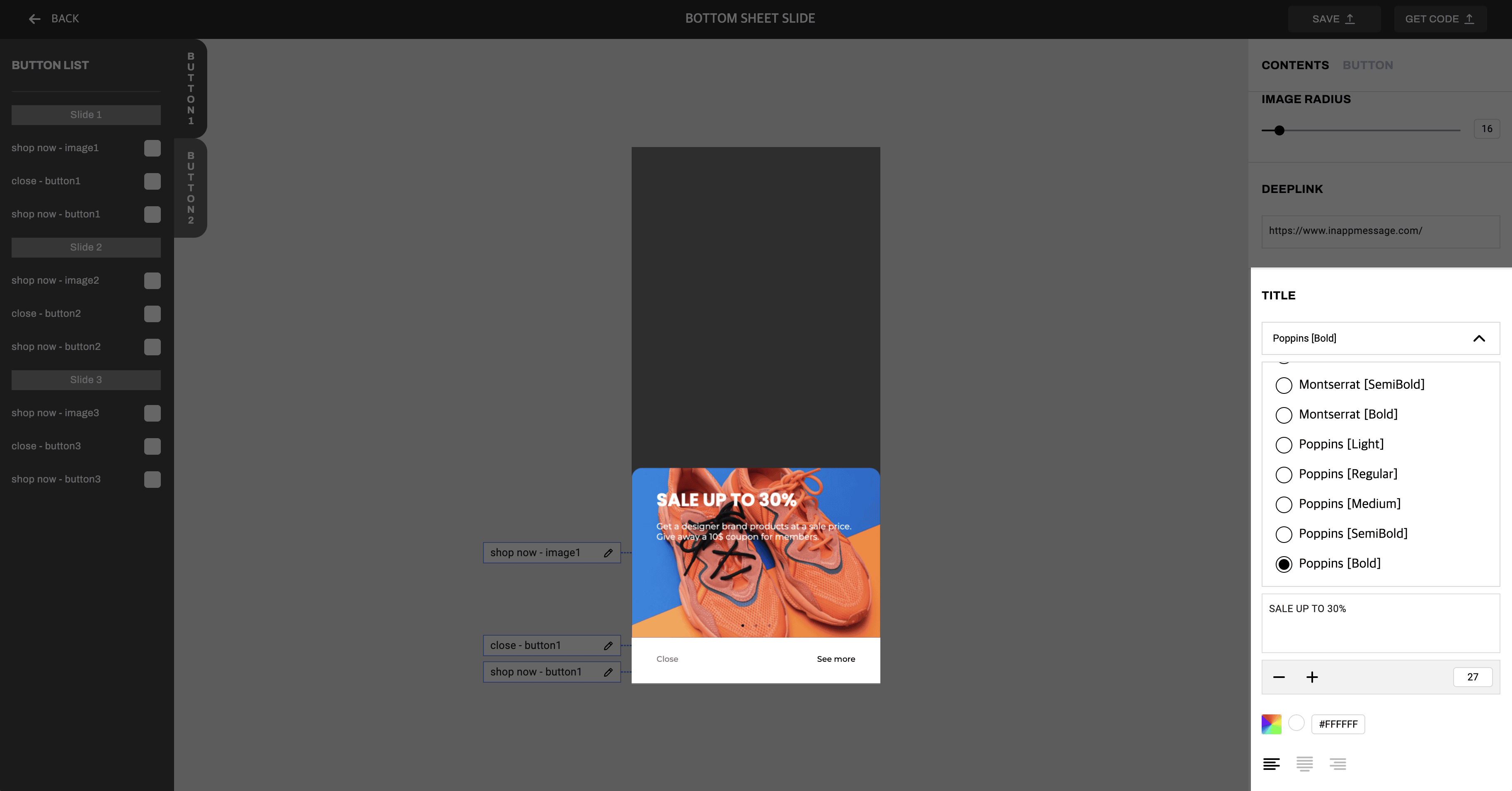 La interfaz de usuario de IAM Studio muestra las opciones para personalizar el título y el subtítulo del mensaje. Estas opciones incluyen texto, formato y fuente.