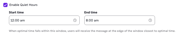 Horas tranquilas alternar activado con la hora de inicio y fin configurada para bloquear la entrega de mensajes durante la noche