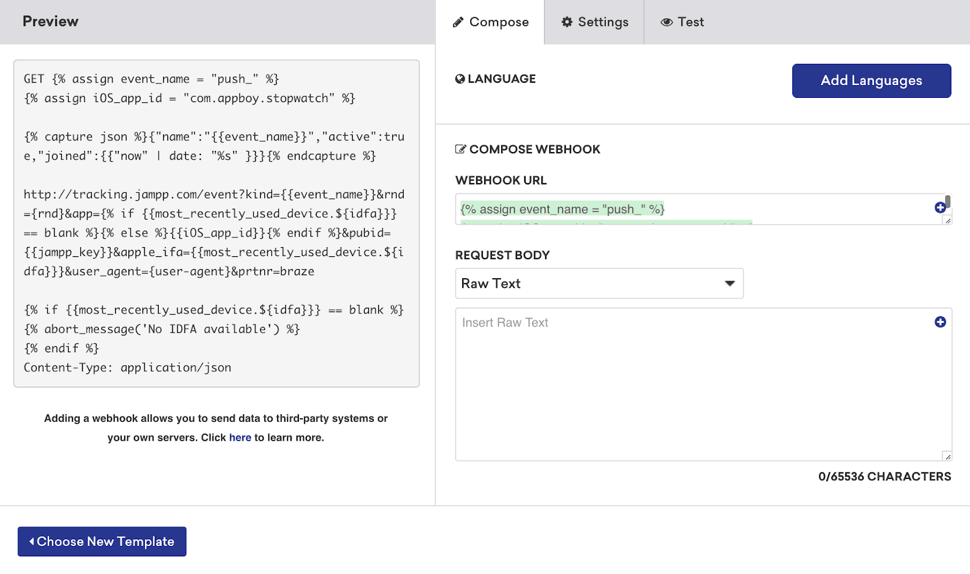 La URL del webhook y la vista previa del mensaje mostrados en el constructor de webhook Braze.