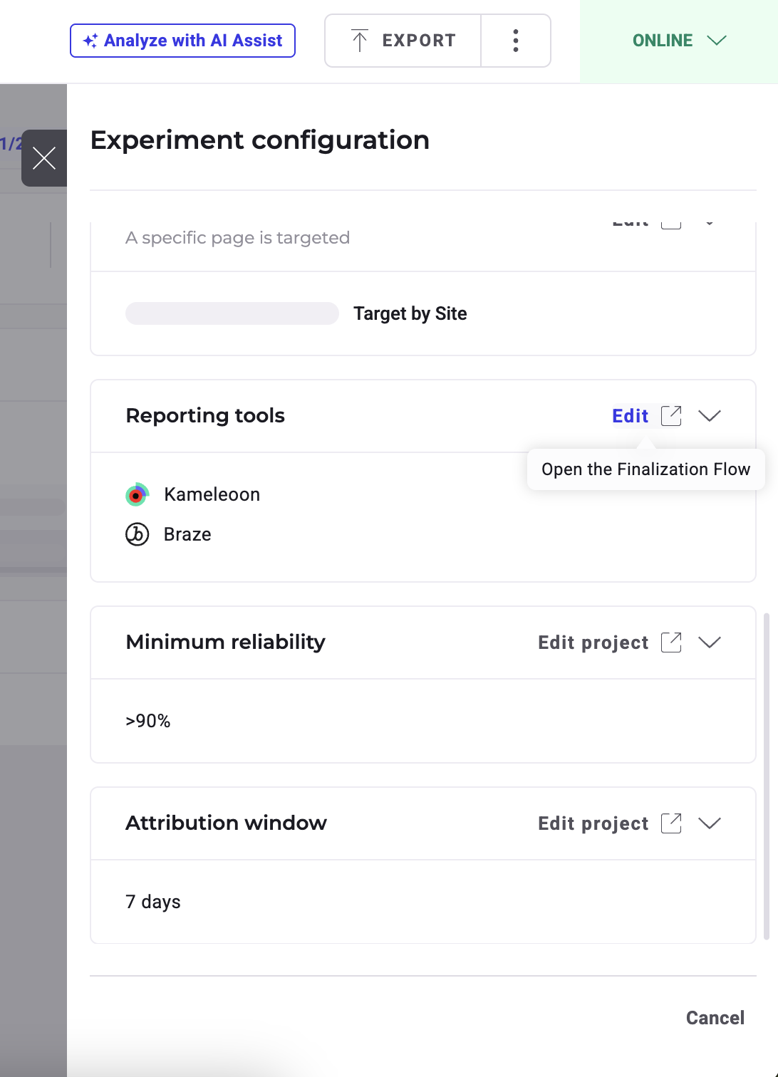 El panel lateral de la página de resultados en Kameleoon.