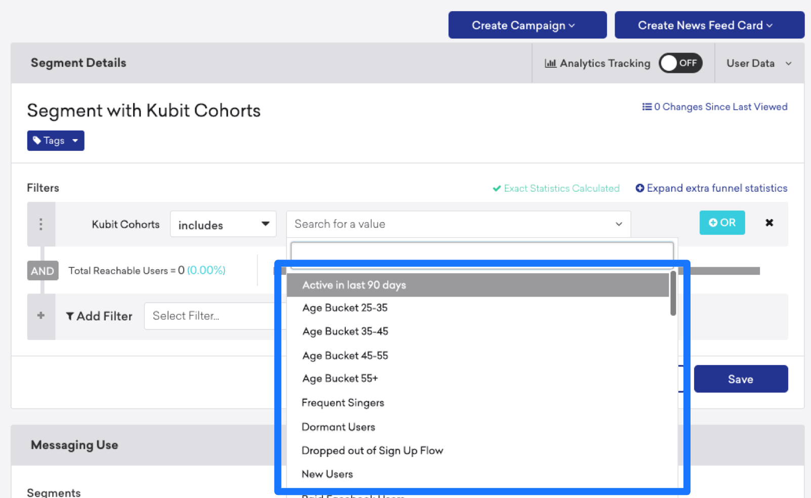 En el constructor de segmentos Braze, el atributo de usuario "Kubit cohorts" se establece en "includes_value" y muestra una lista de las cohortes disponibles.