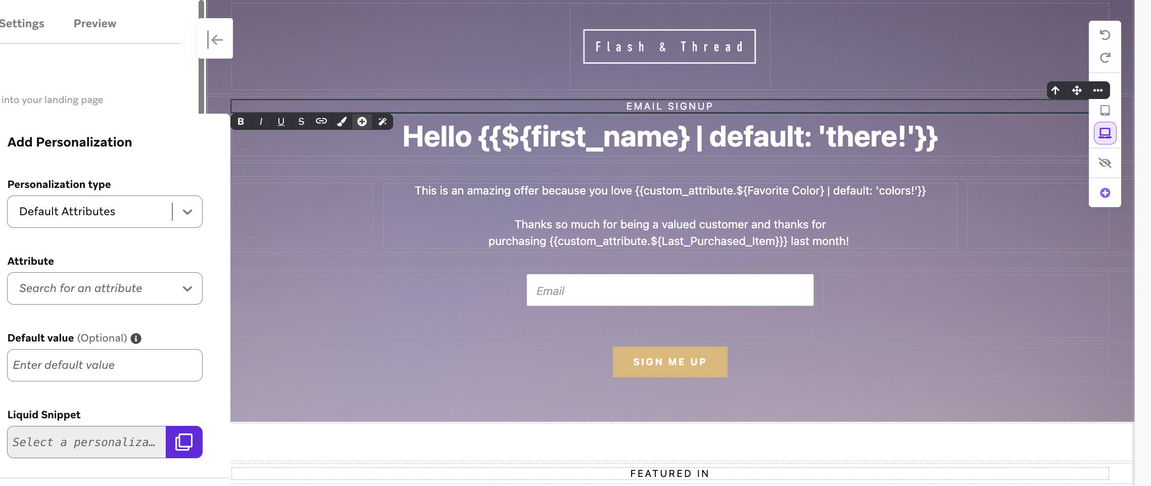 Editor de páginas de destino con personalización Liquid añadida.