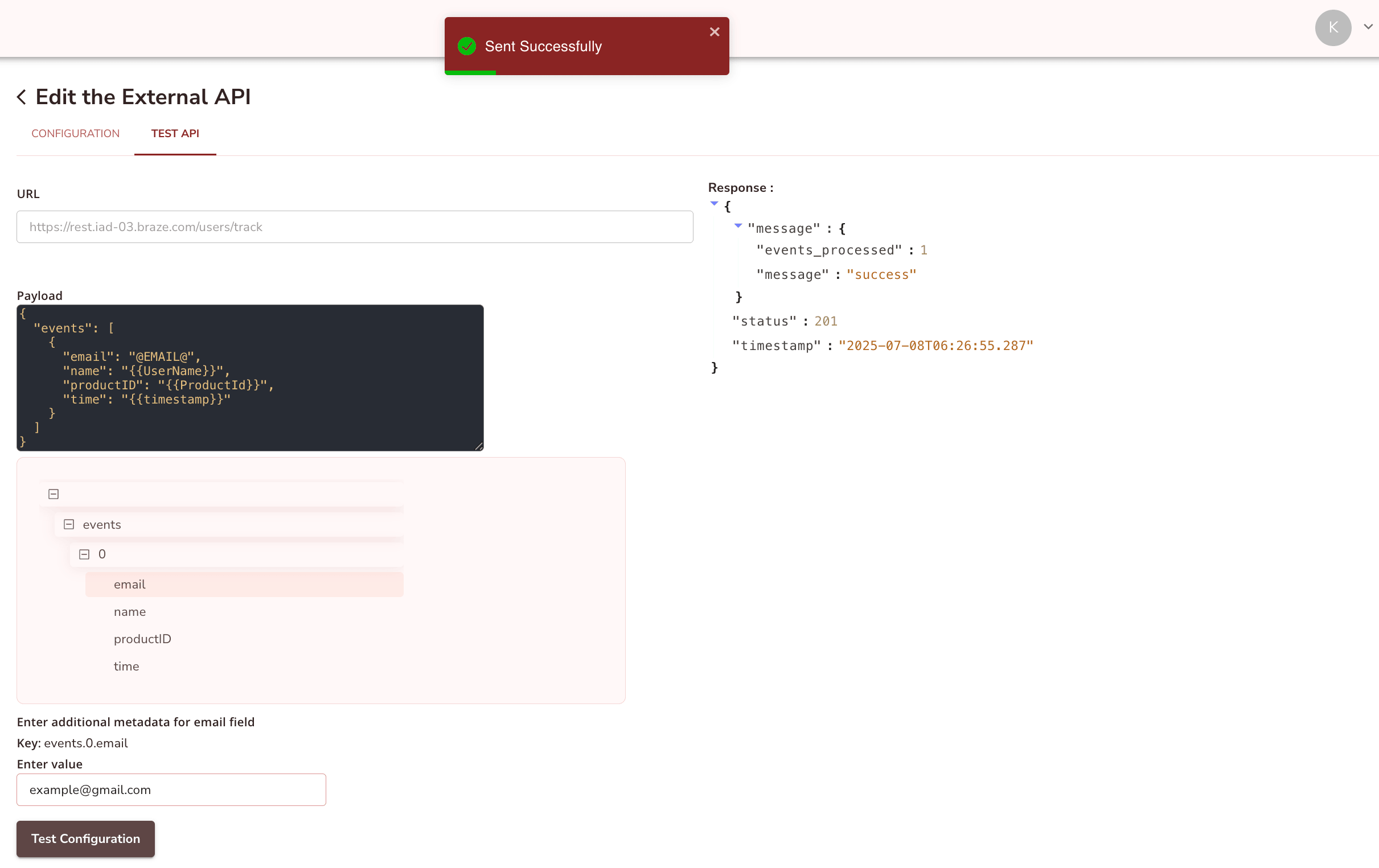 Probar la configuración de una API externa con una carga útil de muestra y una respuesta satisfactoria