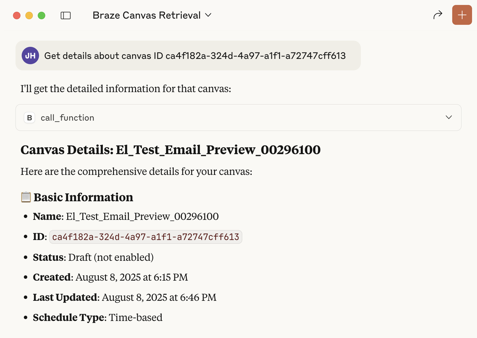 'Get details about a canvas ID' being asked and answered in Claude.