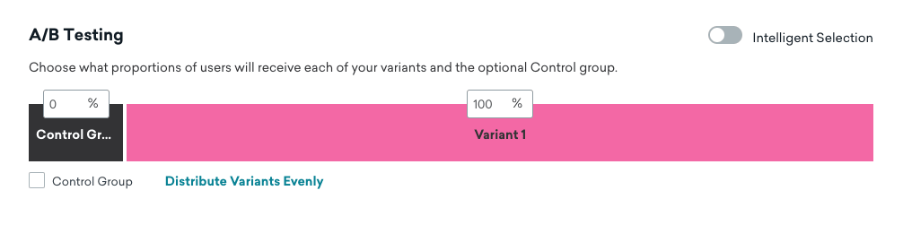 Panel de pruebas A/B en una campaña Braze con una distribución de variantes del 100% asignada a la variante 1, y sin grupo de control.