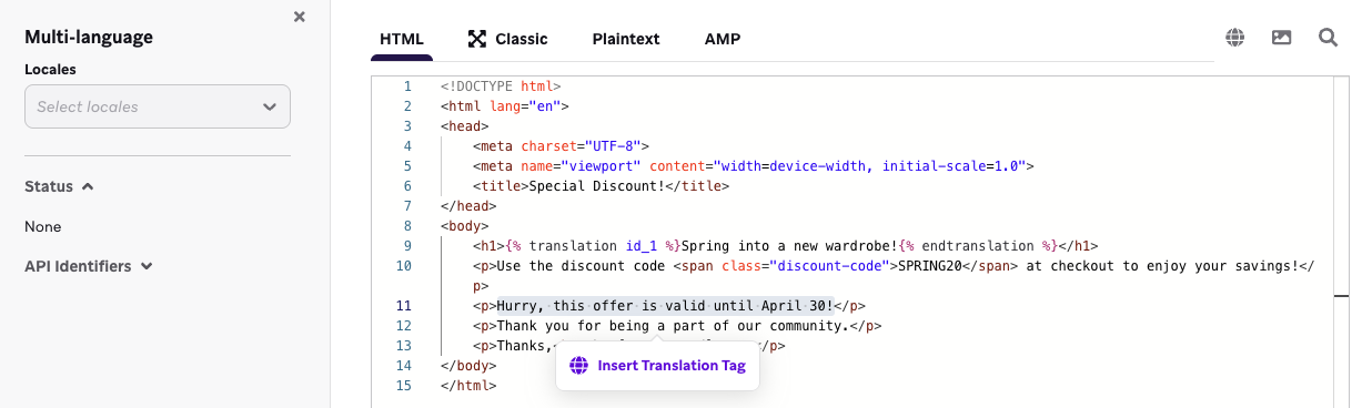 Editor HTML con una localización seleccionada.