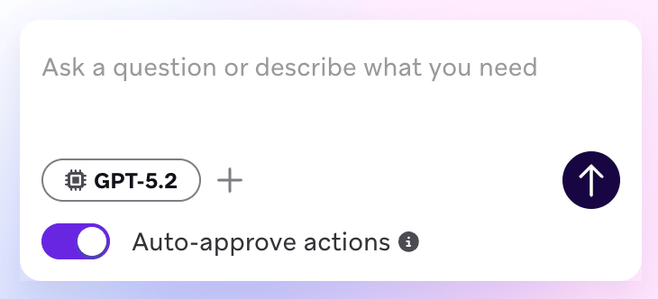 El conmutador de aprobación automática y el modal de confirmación en el panel de chat de Operator.