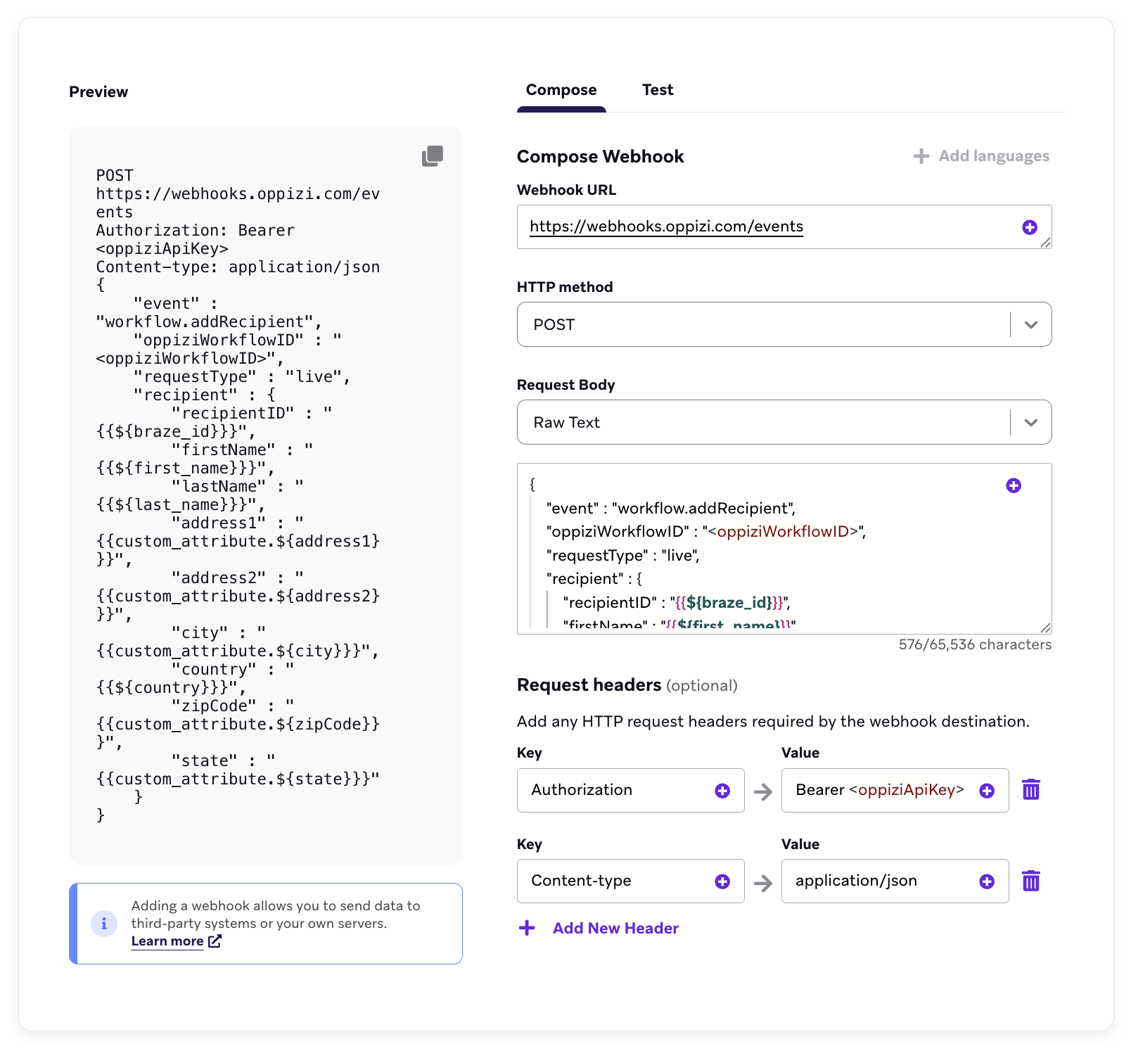 Un ejemplo de plantilla de webhook Oppizi en Braze.
