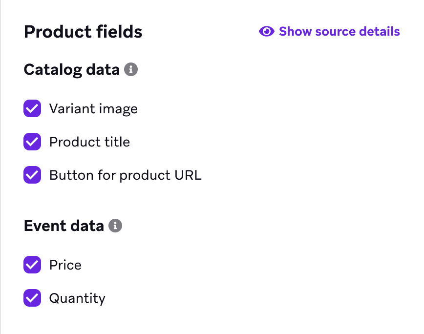 Campos de producto para un bloque de producto dinámico, que se dividen en datos de catálogo y datos de evento