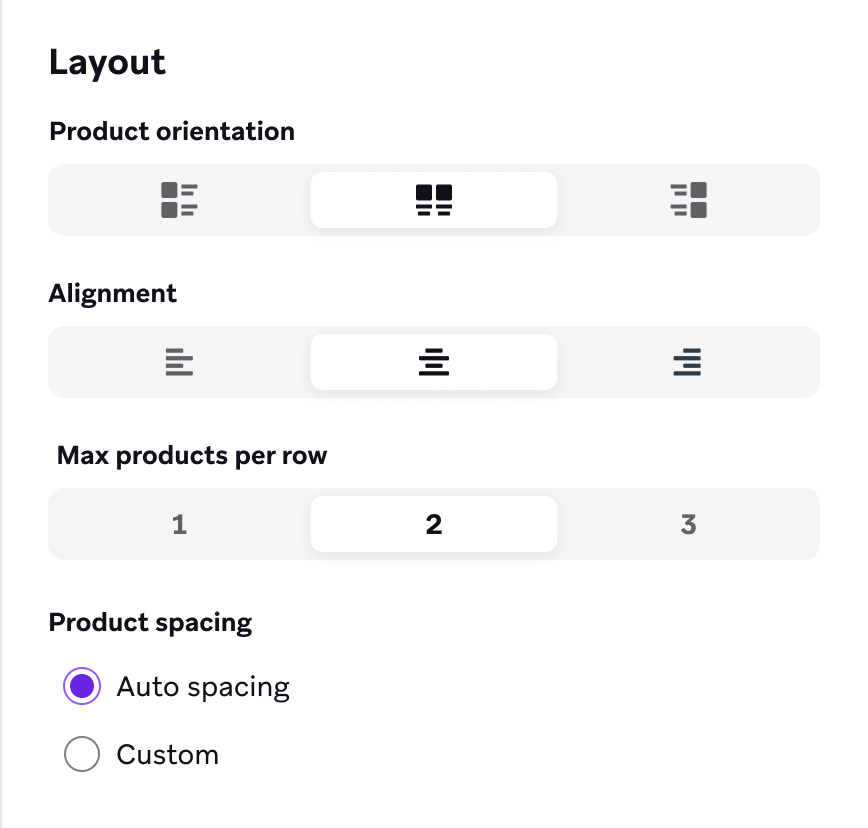Opciones de diseño para la orientación del producto, la alineación, el número máximo de productos por fila y el espaciado entre productos.