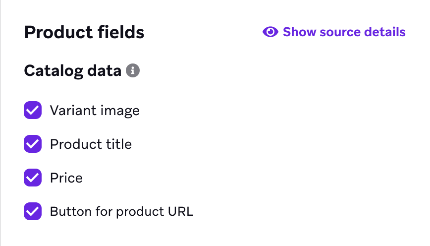 Campos de producto para un bloque de producto estático, que están todos categorizados como datos de catálogo.