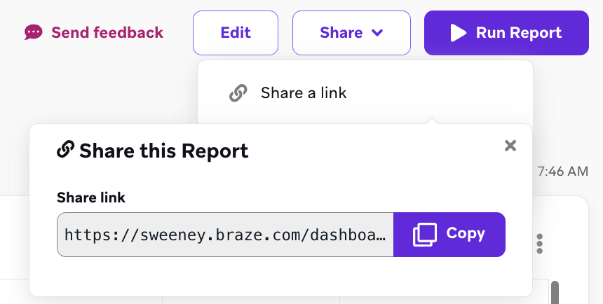 Menú desplegable «Compartir enlace» con un enlace al informe.