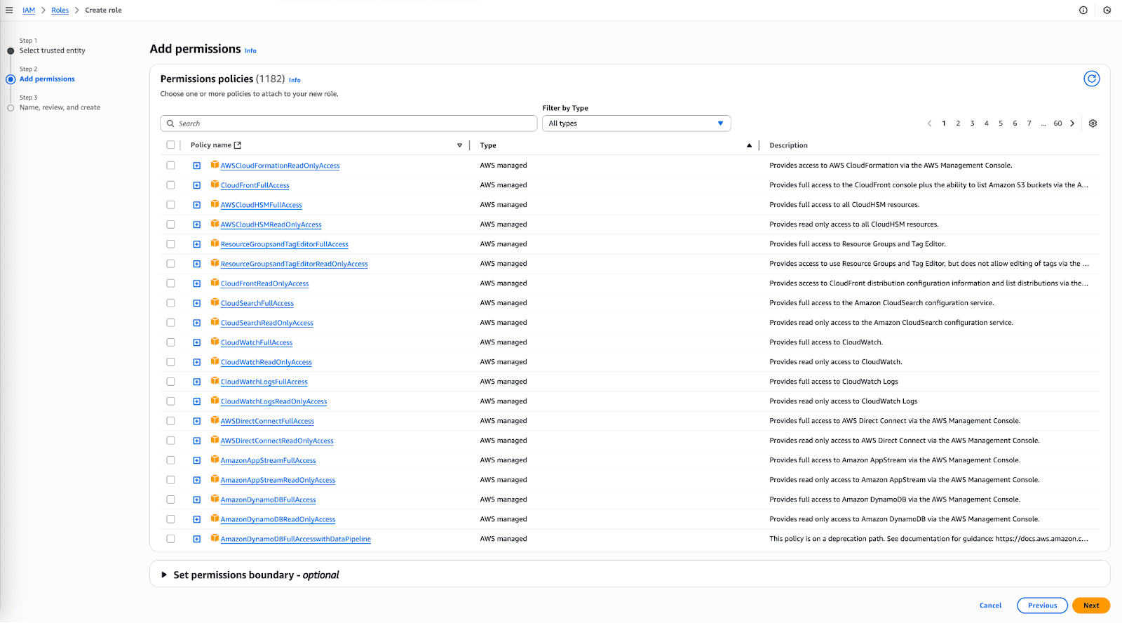 Una lista de políticas con columnas para su tipo y descripción.