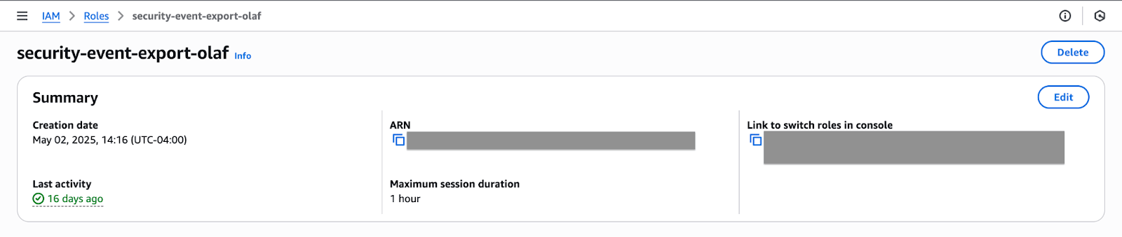 Página de resumen de una función denominada «security-event-export-olaf».