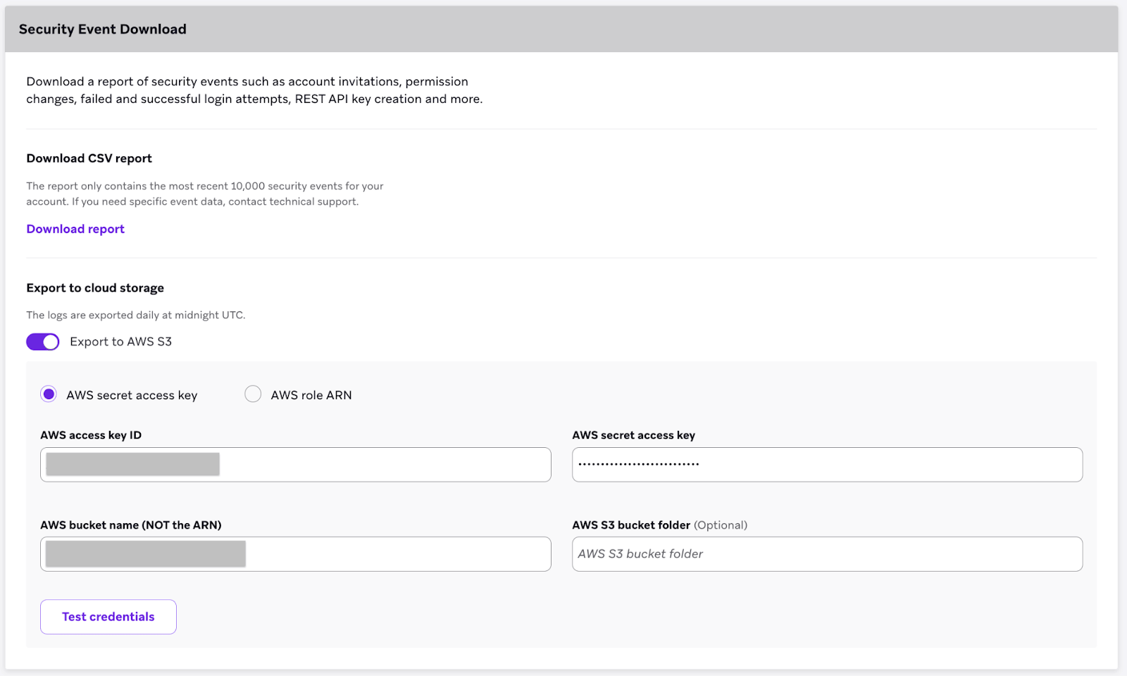 La página «Descarga de eventos de seguridad» con la cuenta de Braze y los ID externos de Braze rellenados.