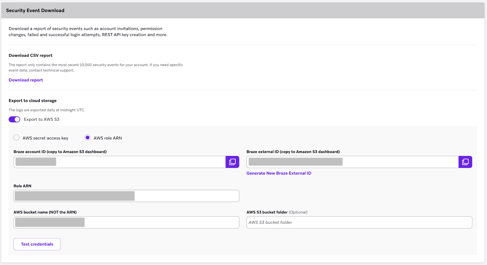 La página «Descarga de eventos de seguridad» con la cuenta de Braze y los ID externos de Braze rellenados.