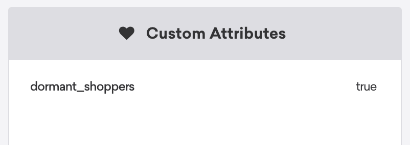 La sección de atributos personalizados dentro de un perfil de usuario lista "dormant_shopper" como "true".