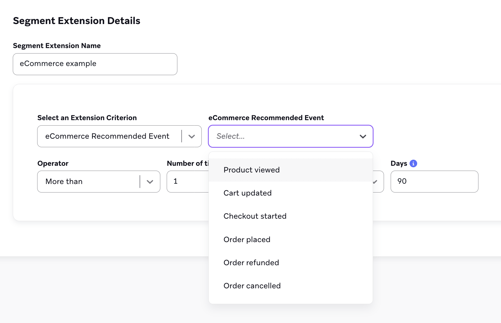 Un criterio de evento recomendado de comercio electrónico con un menú desplegable de eventos recomendados disponibles.