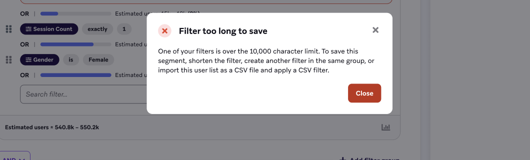 Banner de error para un filtro cuyo valor supera los 10 000 caracteres.