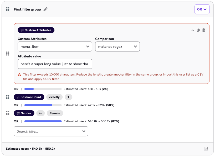 Error en un filtro de atributos personalizados,`menu_item`,cuyo valor de atributo supera los 10 000 caracteres.