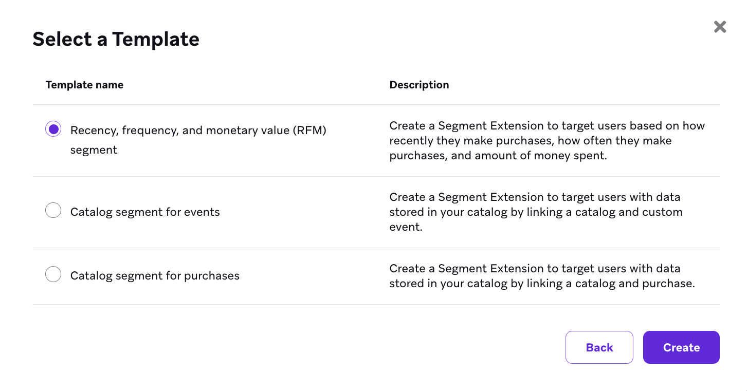 Modal con la opción de crear un segmento de catálogo para eventos, compras o segmentos RFM.