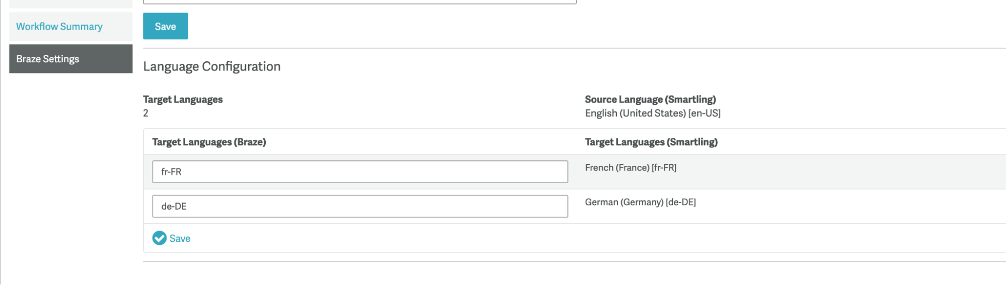 Conexión de Braze en la confirmación de idioma de Smartling.
