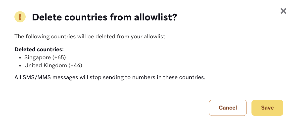 Modalidad de advertencia que confirma los países que se eliminarán de la lista permitida.