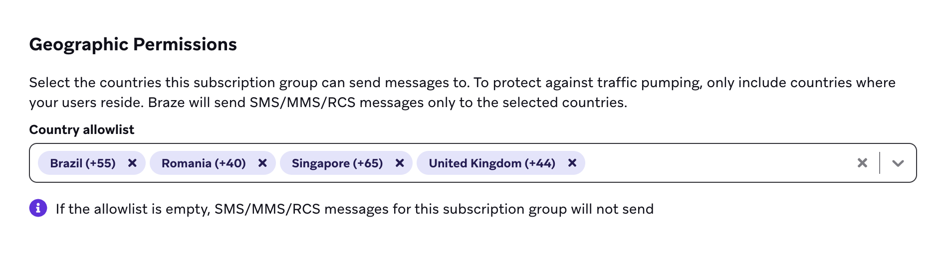 La sección editable Permisos geográficos de SMS para un administrador con Australia, Canadá y Estados Unidos seleccionados en la "Lista de países permitidos".