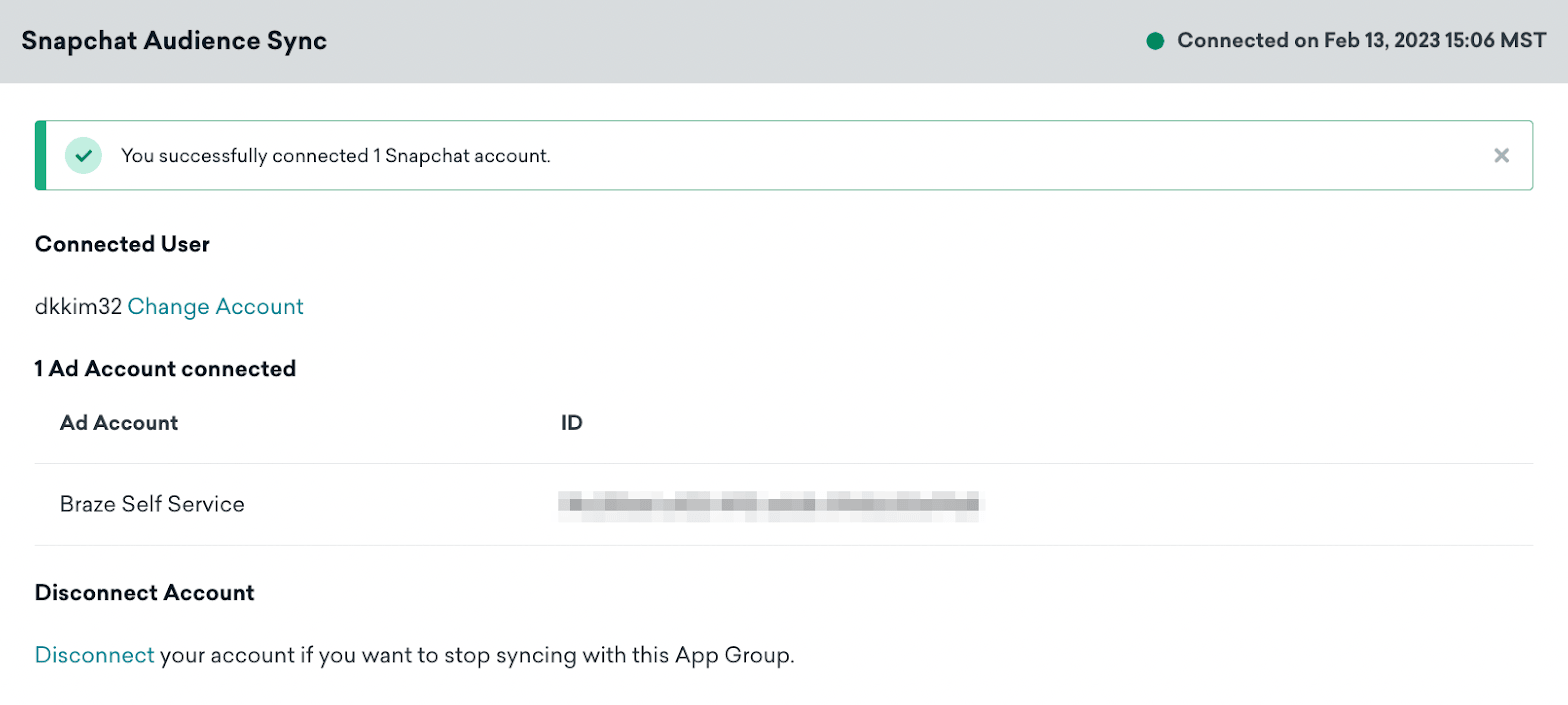 Una versión actualizada de la página de socios tecnológicos de Snapchat que muestra las cuentas de anuncios conectadas correctamente.