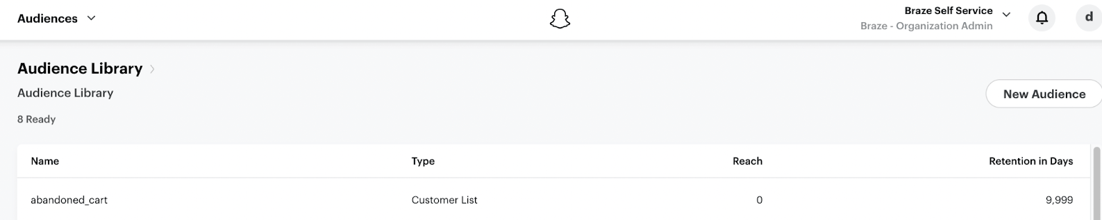 Detalles de la audiencia de una determinada audiencia de Snapchat que incluye el nombre de la audiencia, el tipo de audiencia, el tamaño de la audiencia y la retención de la audiencia en días.