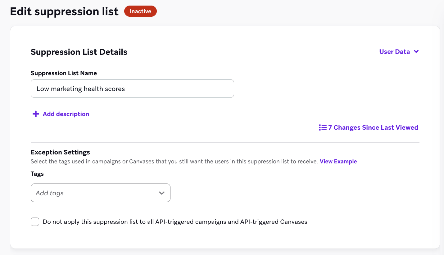 La sección "Configuración de excepciones" con una casilla de verificación para no aplicar la lista de supresión a las campañas desencadenadas por la API y a los Lienzos.
