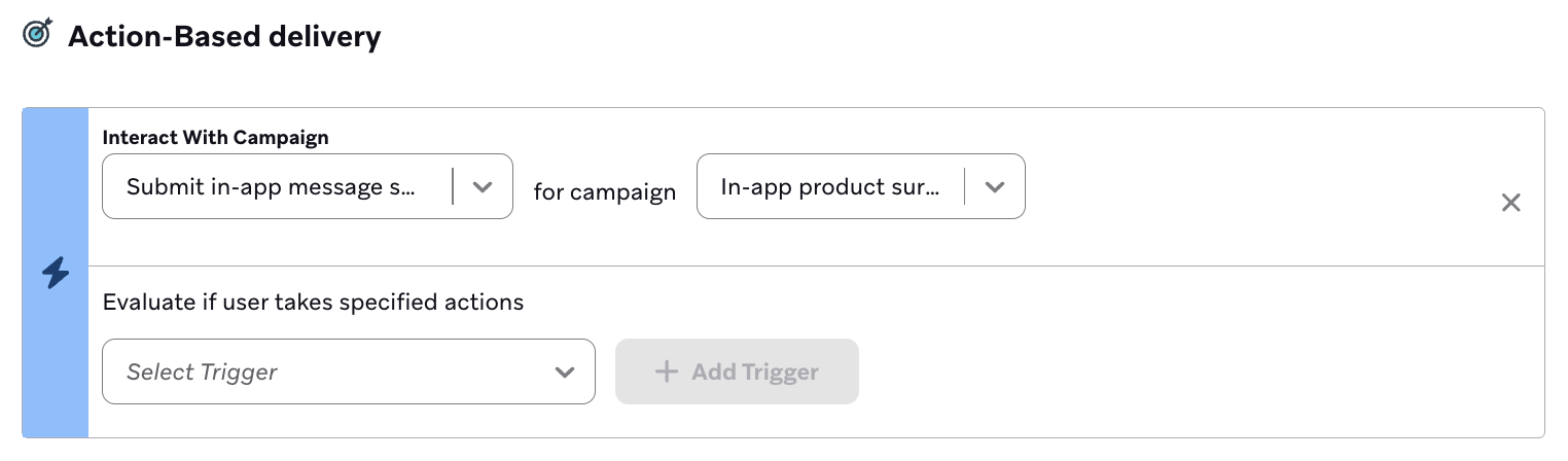 Configuración de desencadenadores y filtros de segmentación para seguimiento de cuestionarios de Campaigns de mensajes dentro de la aplicación.