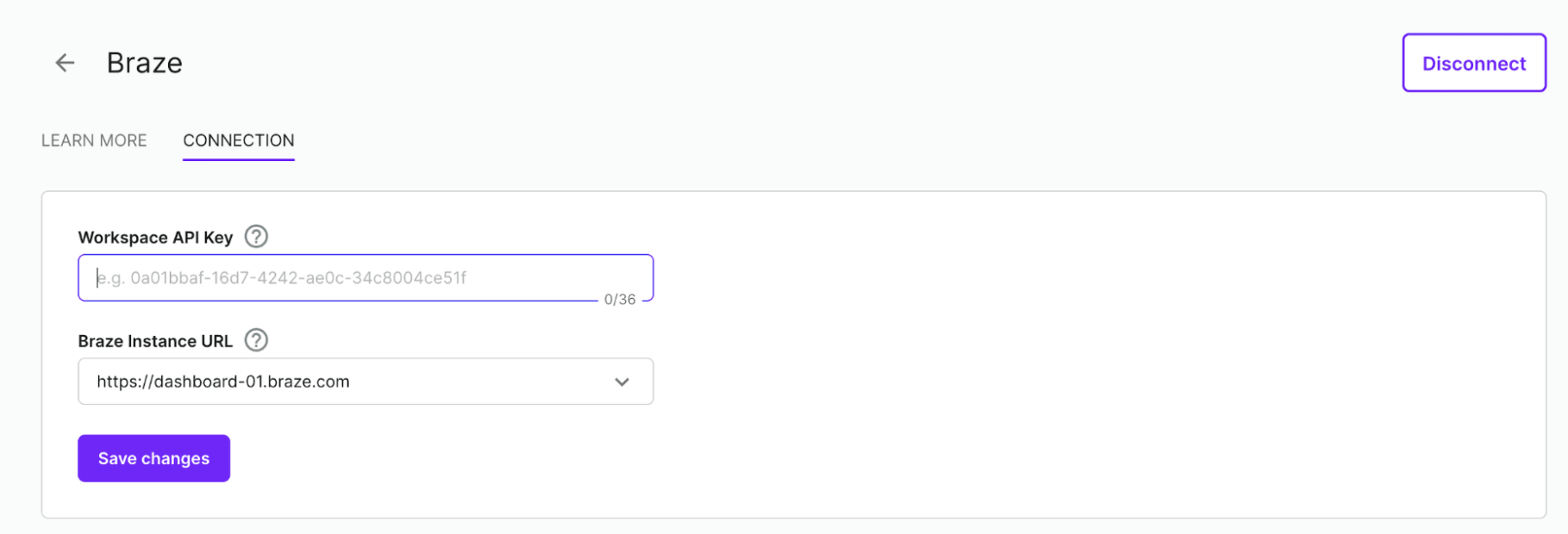 Campos para introducir la clave de API del espacio de trabajo y la URL de la instancia de Braze.