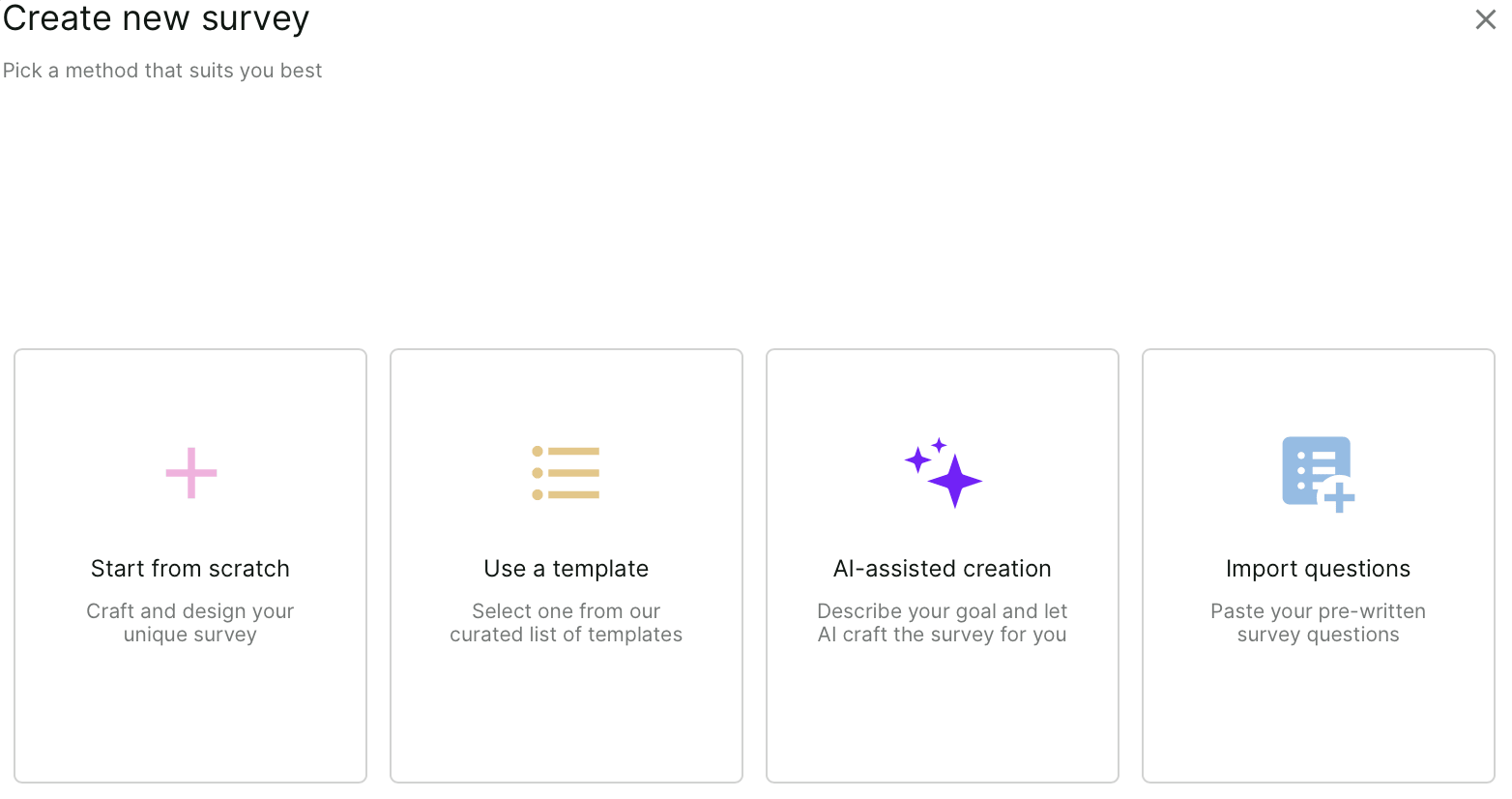 Cuatro opciones para crear un cuestionario: empezar desde cero, utilizar una plantilla, creación asistida por IA e importar preguntas.