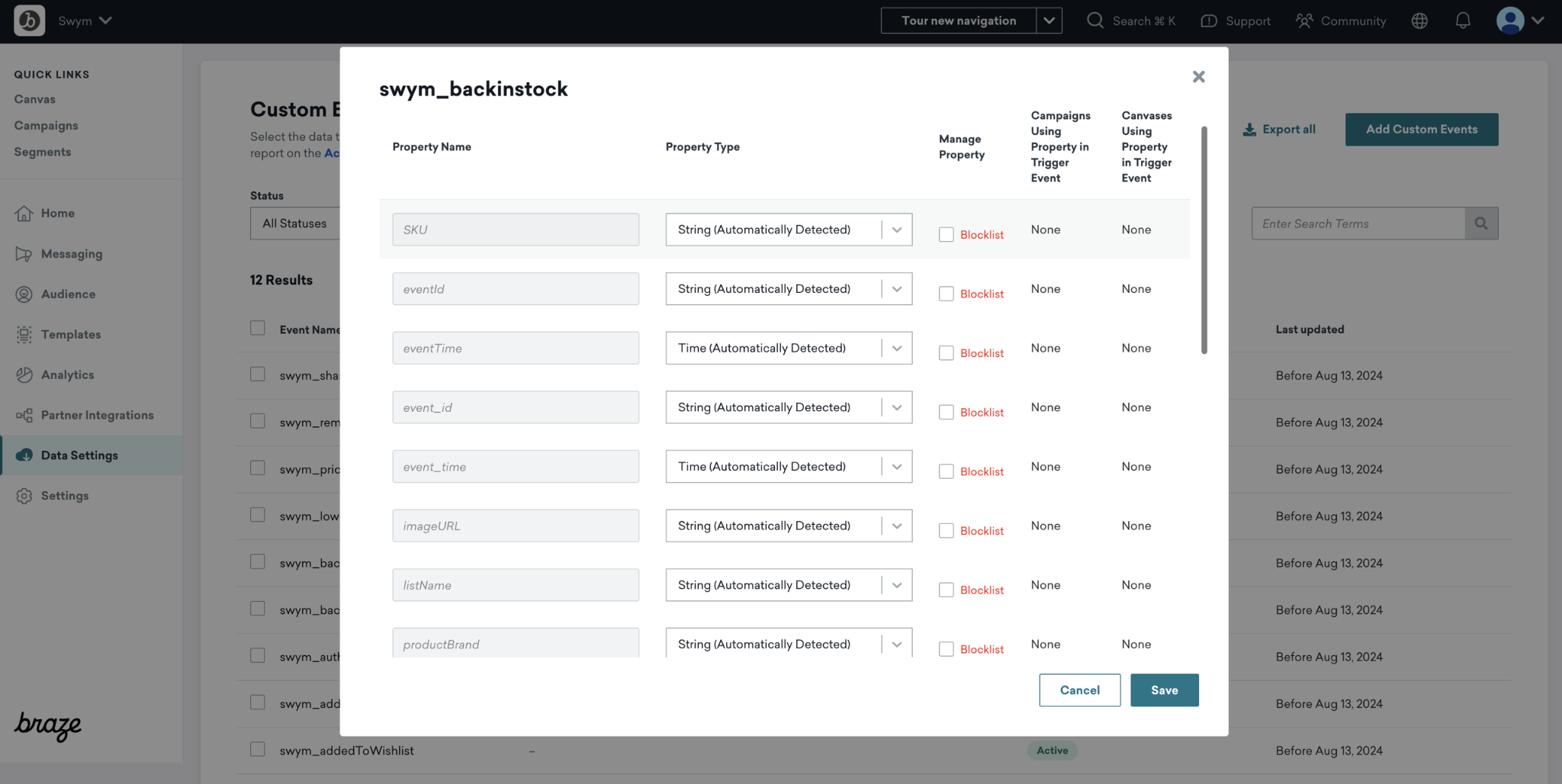 Propiedades personalizadas en Braze.