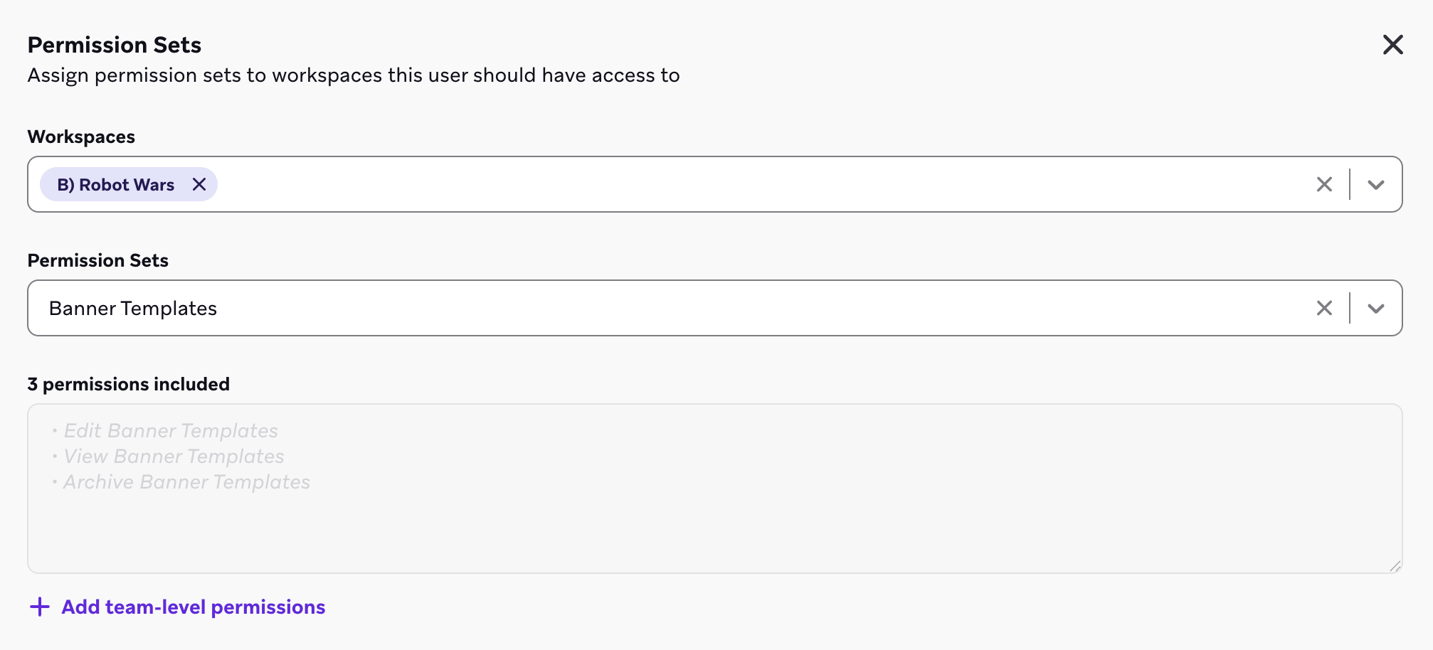 Permisos a nivel del espacio de trabajo con el conjunto de permisos Plantilla de banner.
