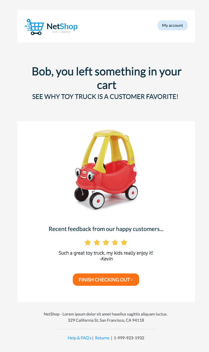 Correo electrónico personalizado con una reseña de un camión de juguete que el usuario dejó en su carrito.
