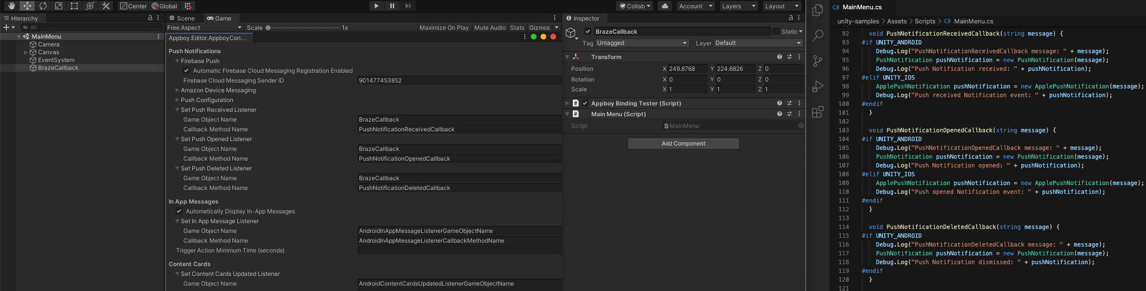 This implementation example graphic shows the Braze configuration options mentioned in the preceding sections and a C# code snippet.