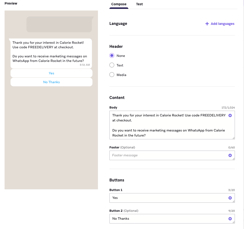 Creador de mensajes de WhatsApp con botones de respuesta "Sí" y "No, gracias".