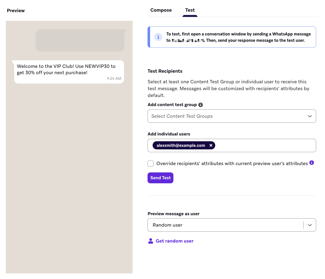 Prueba el mensaje de WhatsApp.