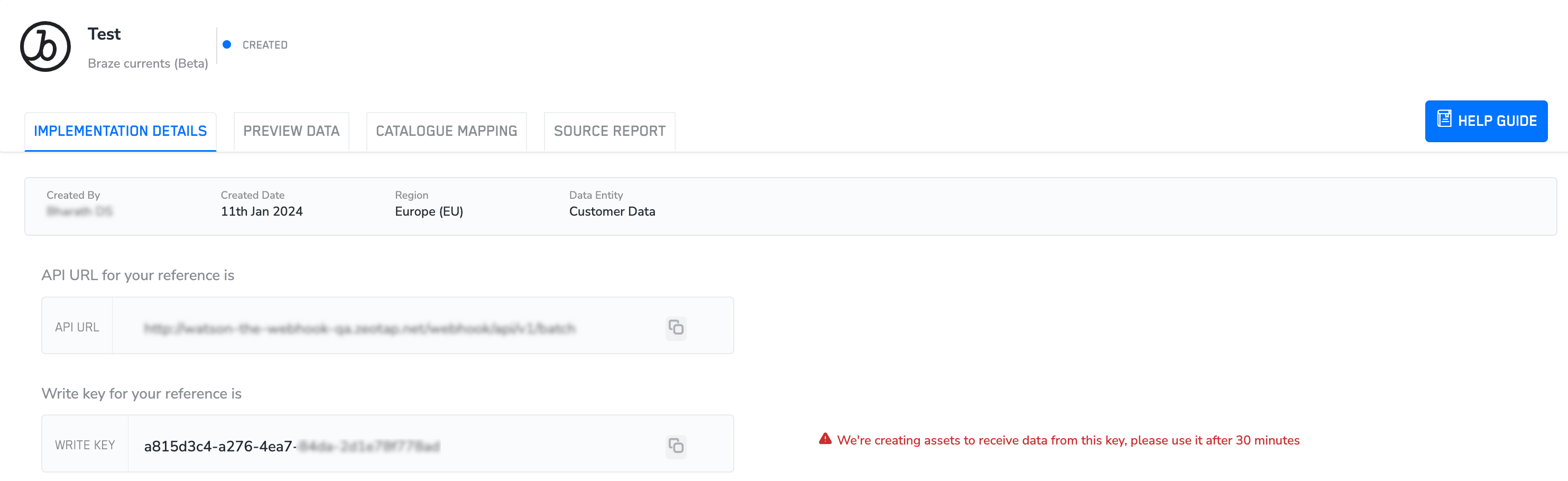 Detalles de implementación de Braze Currents que contienen la URL de la API y la clave de escritura.