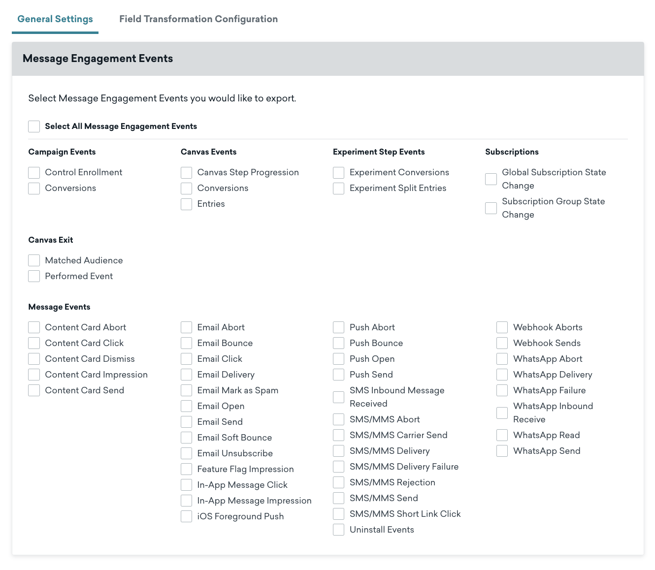 La pestaña "Configuración general" con una sección para seleccionar eventos de interacción de mensajes.