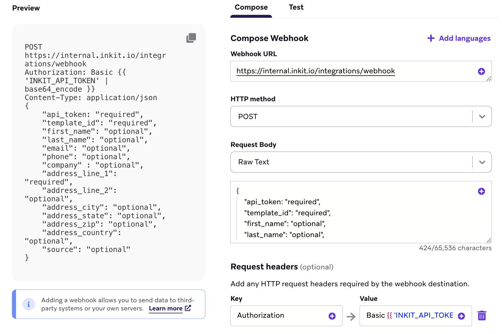 La pestaña "Componer" al crear una plantilla de webhook. Los campos disponibles son la URL del webhook, el método HTTP, el cuerpo de la solicitud y los encabezados de solicitud. También puedes añadir idiomas.