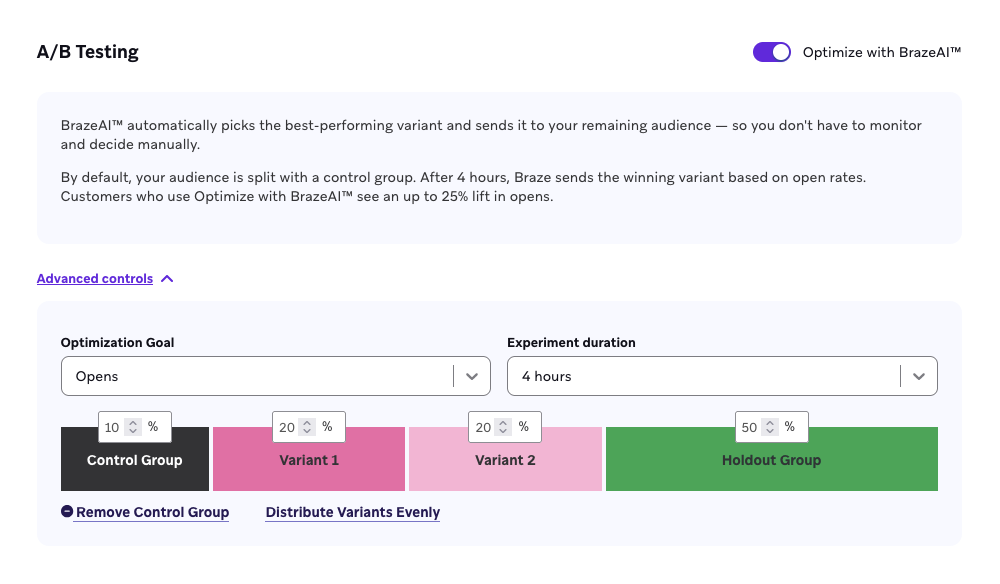 Opciones de optimización de variantes para envío único