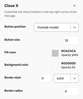 Opciones para personalizar el botón cerrar x en los mensajes dentro de la aplicación, incluyendo el tamaño del botón, el color de relleno, el color de fondo, el estilo del borde y el radio del borde.